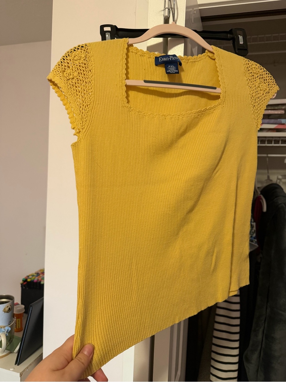 Evan Picone Bright Yellow Asymmetric Knit Tank with Crochet Cap Sleeves